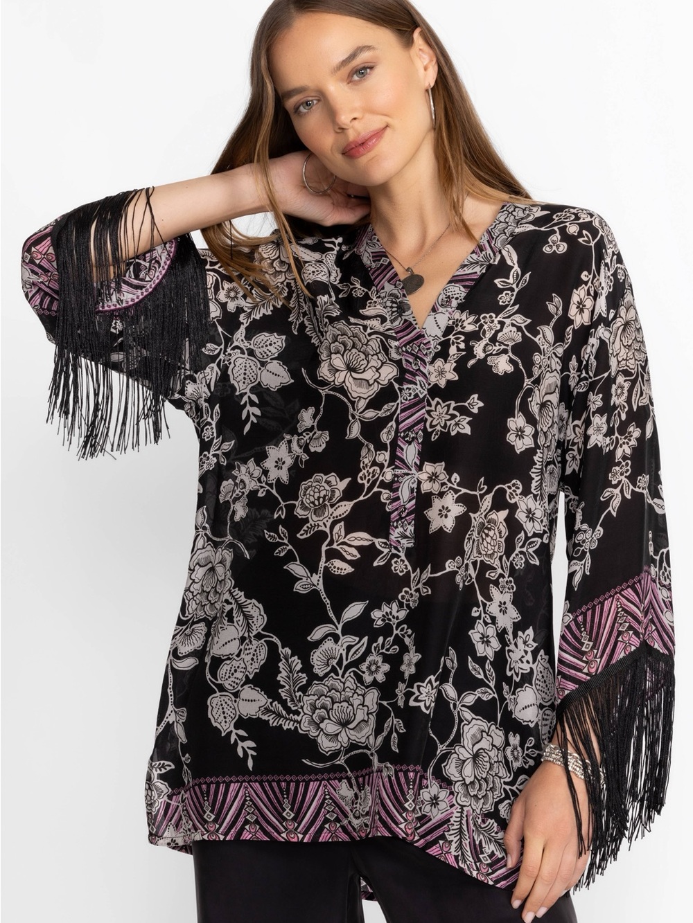 Johnny Was Edina Floral Fringe Tunic – Size Small
